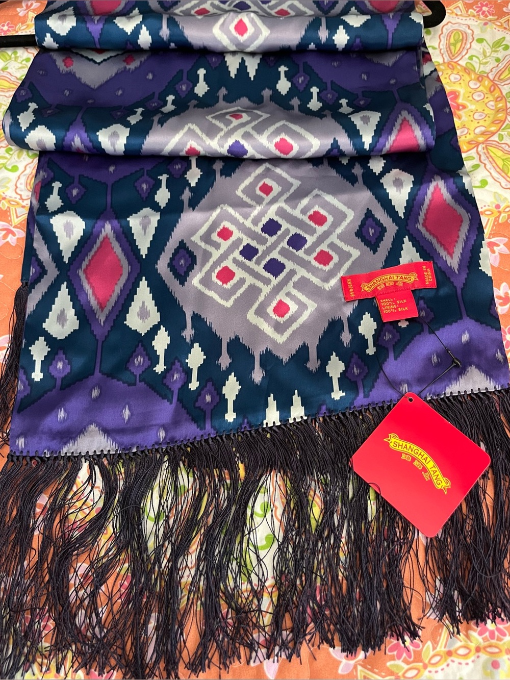 Shanghai Tang W’IKAT Rare VTG 100% Silk Long Fringe Scarf NEW